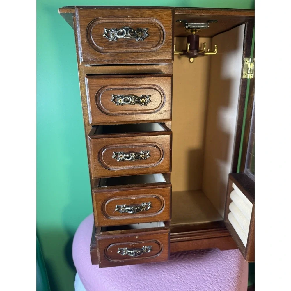 Large Armoire-Style Jewelry Box with Glass Door & 5 Drawers 14×10×5.75 Inches